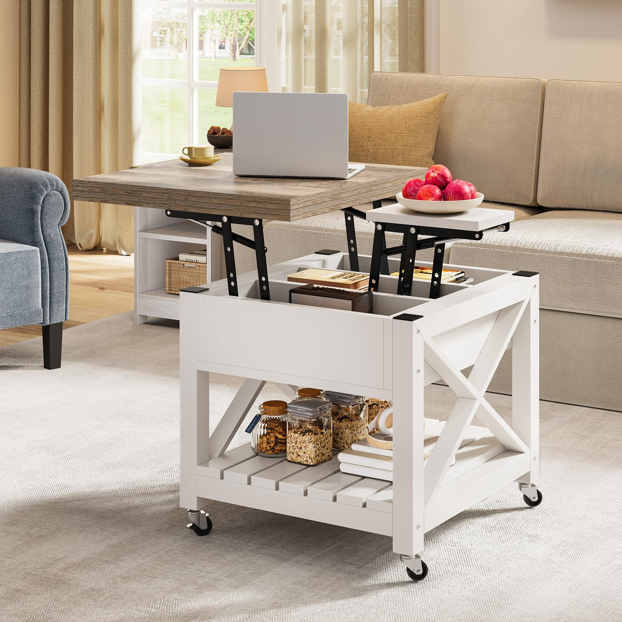 YITAHOME Lift Top Coffee Table with Wheels, Farmhouse Square Coffee Tables for Living Room, 2 Tier Small Coffee Table with Storage Compartment Rustic Wood Cocktail Table Dining Table, Grey Wash YITAHOME