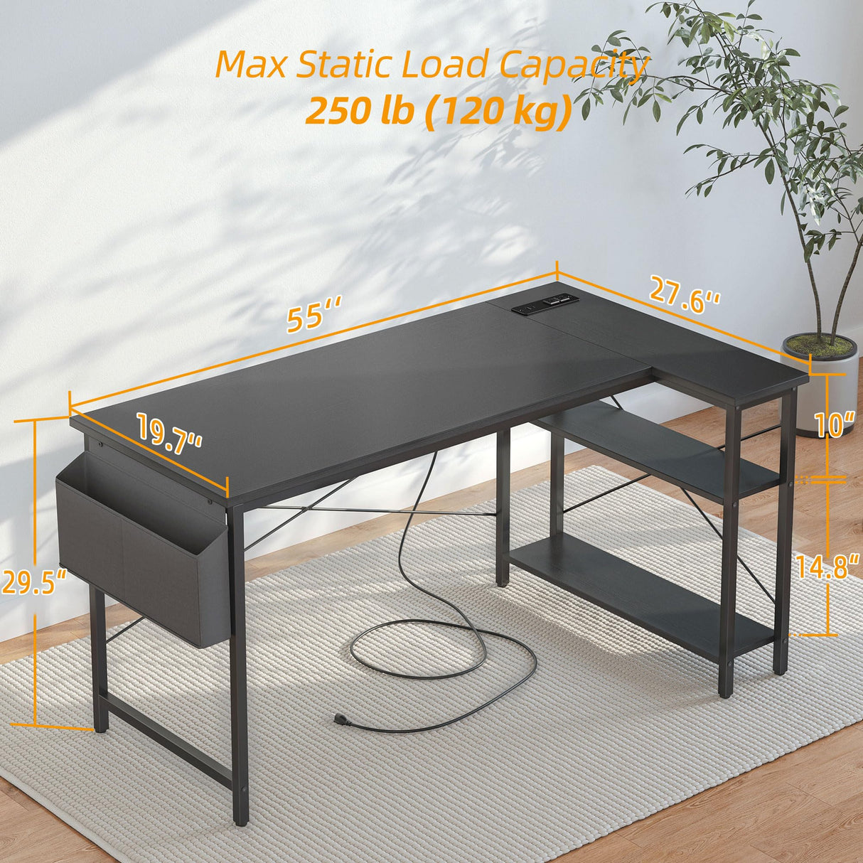 TIQLAB L Shaped Computer Desk with Power Outlets, 55 Inch Small Corner Desk with Reversible Shelves, Gaming Desk Computer Table Study Writing Table for Home Office Bedroom Small Space, Black TIQLAB