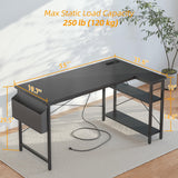 TIQLAB L Shaped Computer Desk with Power Outlets, 55 Inch Small Corner Desk with Reversible Shelves, Gaming Desk Computer Table Study Writing Table for Home Office Bedroom Small Space, Black TIQLAB