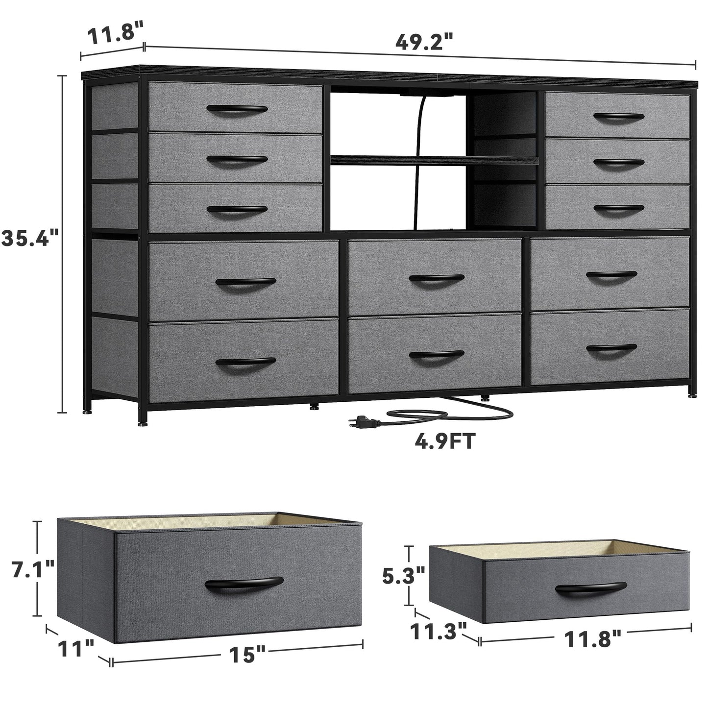 EnHomee Long Dresser for Bedroom with 12 Fabric Drawers,Bedroom Dresser with LED Lights & Power Outlet, Wooden Top & Metal Frame,for Nursery, Living Room, Closet, Grey, 49.2''W*11.8''D*35.4''H