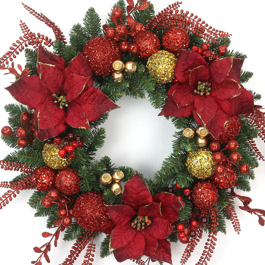 24 Inch Christmas Wreath Holiday Front Door Decor Wreaths with Pine Needles, Red Berries Red and Gold Ornaments Decorations Accents, Perfect for Indoor/Outdoor Christmas Decor