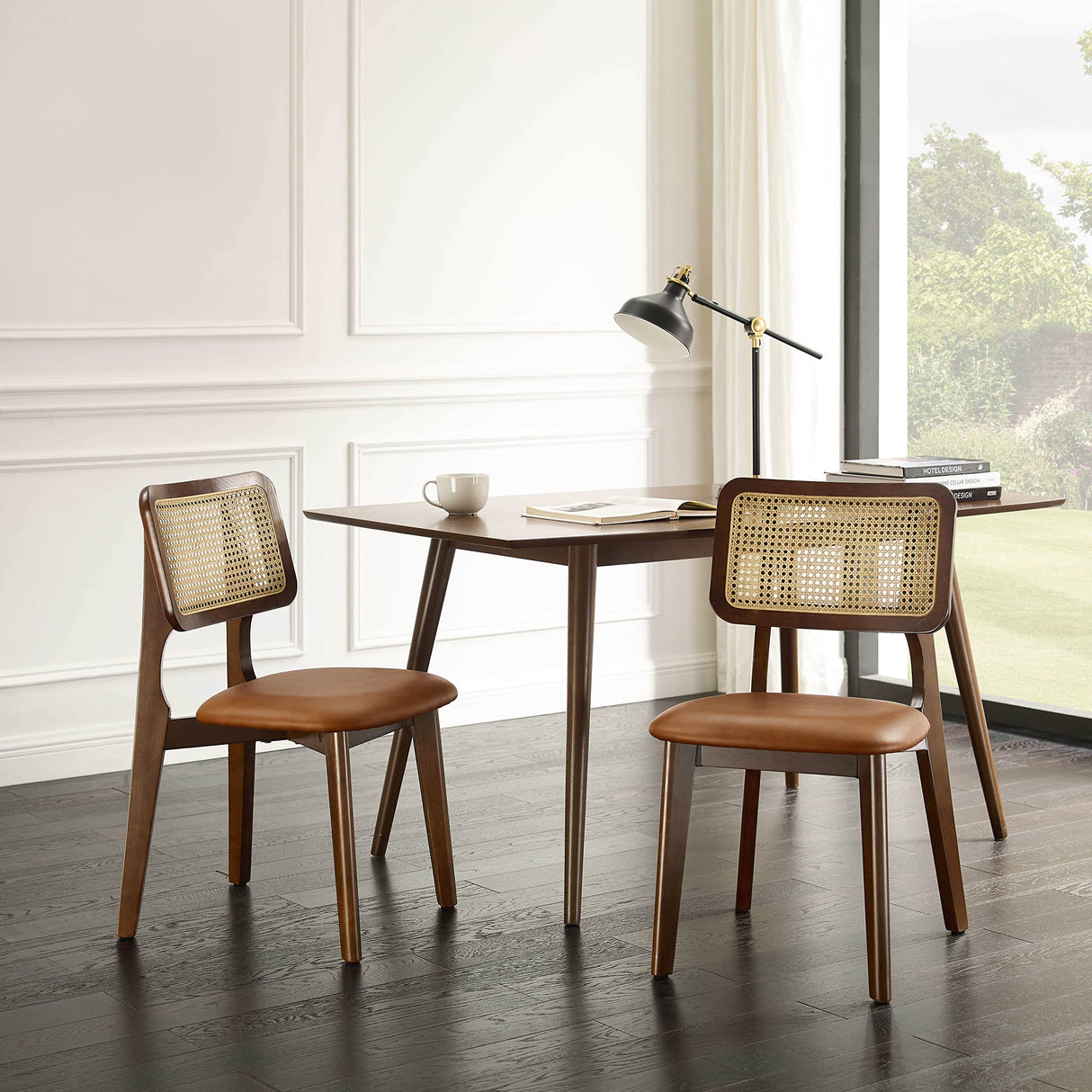 Art Leon Ash Wood Rattan Dining Chairs Set of 2, Genuine Leather Kitchen Chairs, Mid Century Modern Dining Room Chairs with Rattan Back, Armless Side Chairs with Walnut Wood Frame, Brown Art Leon