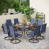 PHI VILLA 9 Piece Outdoor Patio Dining Set, Large Square Metal Dining Table and 8 Outdoor Swivel Dining Chairs, Patio Table and Blue Chair Furniture Dining Set for 8 Person PHI VILLA