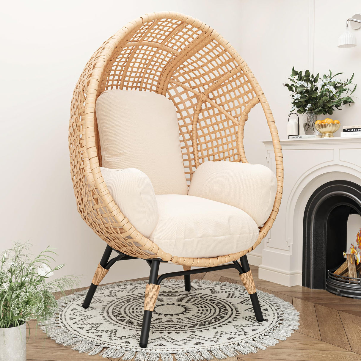 TQKVIPI 2 pcs Oversized Wicker Egg Chair Outdoor Indoor - Rattan Patio Egg Lounge Chairs with Cushion 500lbs Capacity for Living Room, Balcony, Backyard TQKVIPI