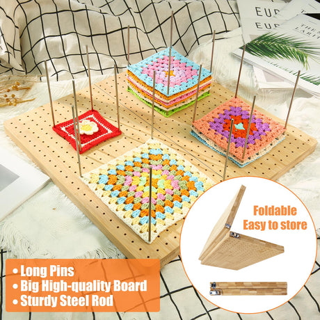 Aulin 15.5"" x 15.5"" Foldable Crochet Blocking Board with Pegs | 35 Stainless Steel Rod Pins - Upgrade Large Blocking Boards for Crochet Projects, Gifts for Crocheters, Mothers, Grandmothers Aulin