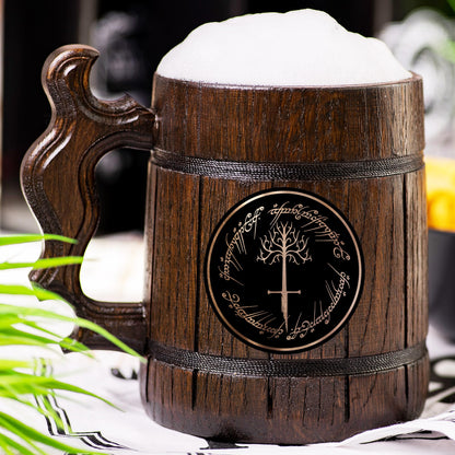 One Ring With Tree Of Gondor Beer Mug, 22 oz, Lord Beer Stein, Personalized Wooden Beer Tankard, Beer Mugs with Handles, Groomsman Gift, Gift for Him, Gift for Man - WoodArtSupply