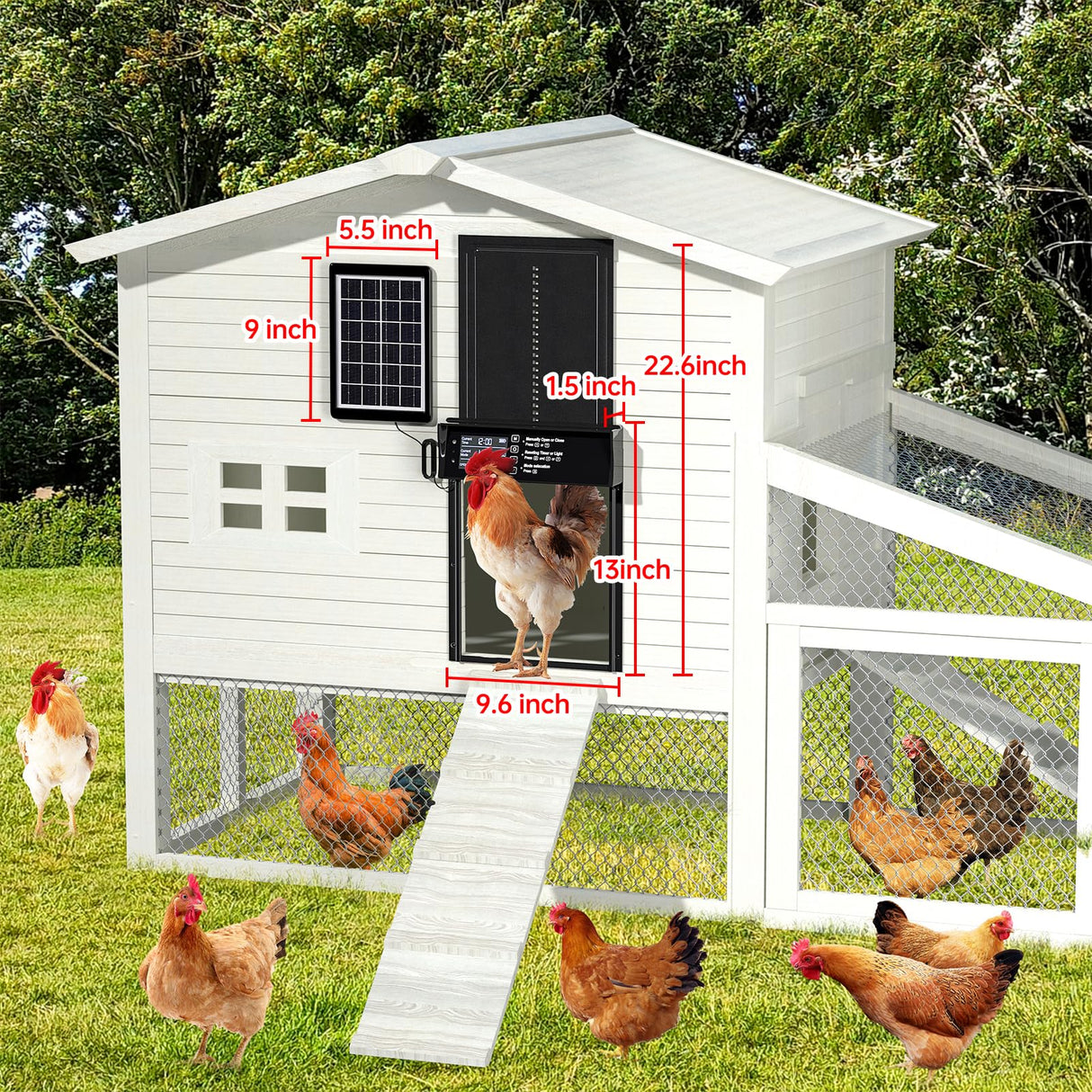 Solar Chicken Coop Door, Automatic Chicken Door Solar Powered & USB Charging, Auto Chicken Door 4 Modes with Timer & Light Sensor, Anti-pinch & Alert, Remote, LED Screen, Aluminum Waterproof Coop Door Shikha