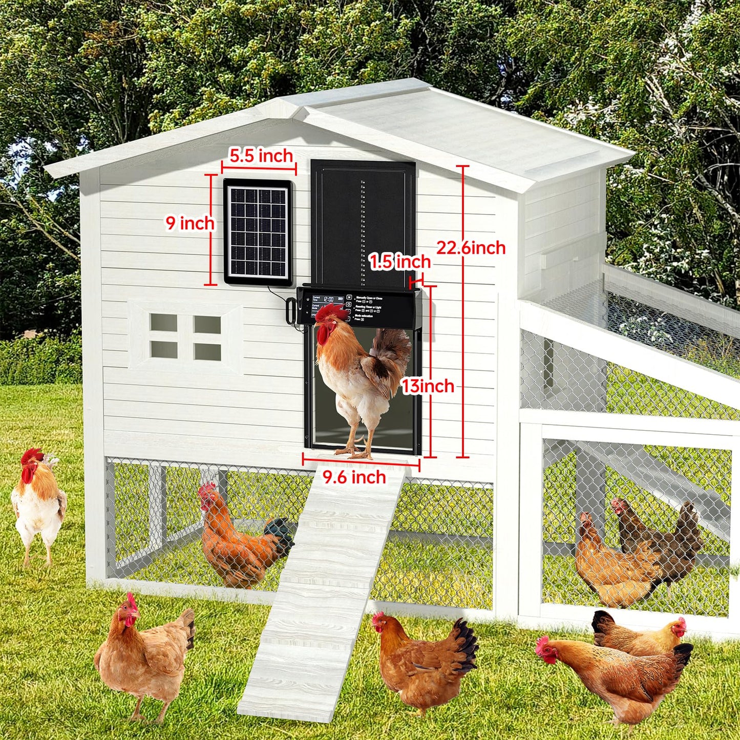 Solar Chicken Coop Door, Automatic Chicken Door Solar Powered & USB Charging, Auto Chicken Door 4 Modes with Timer & Light Sensor, Anti-pinch & Alert, Remote, LED Screen, Aluminum Waterproof Coop Door