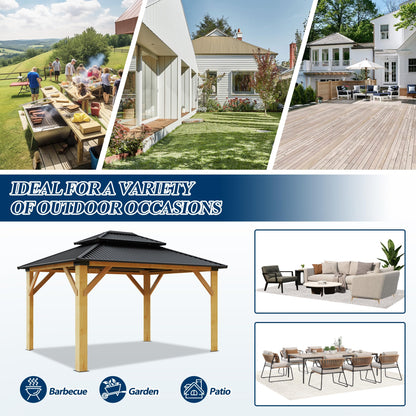 COVERONICS 11FT x 13FT Outdoor Cedar Wooden Gazebo - Patio Wood Frame Gazebo with Galvanized Steel Hardtop, Heavy-Duty Hardtop Gazebo for Garden, Poolside, Deck, Backyard - WoodArtSupply