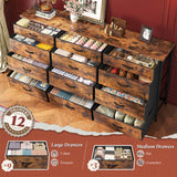 Romorgniz 55" Dresser for Bedroom with 12 Fabric Drawers, Entertainment Center for 60 inch TV Dressers & Chests of Drawers Large Organizer, Living Room, Metal Frame, Wood Top, Rustic Brown Romorgniz