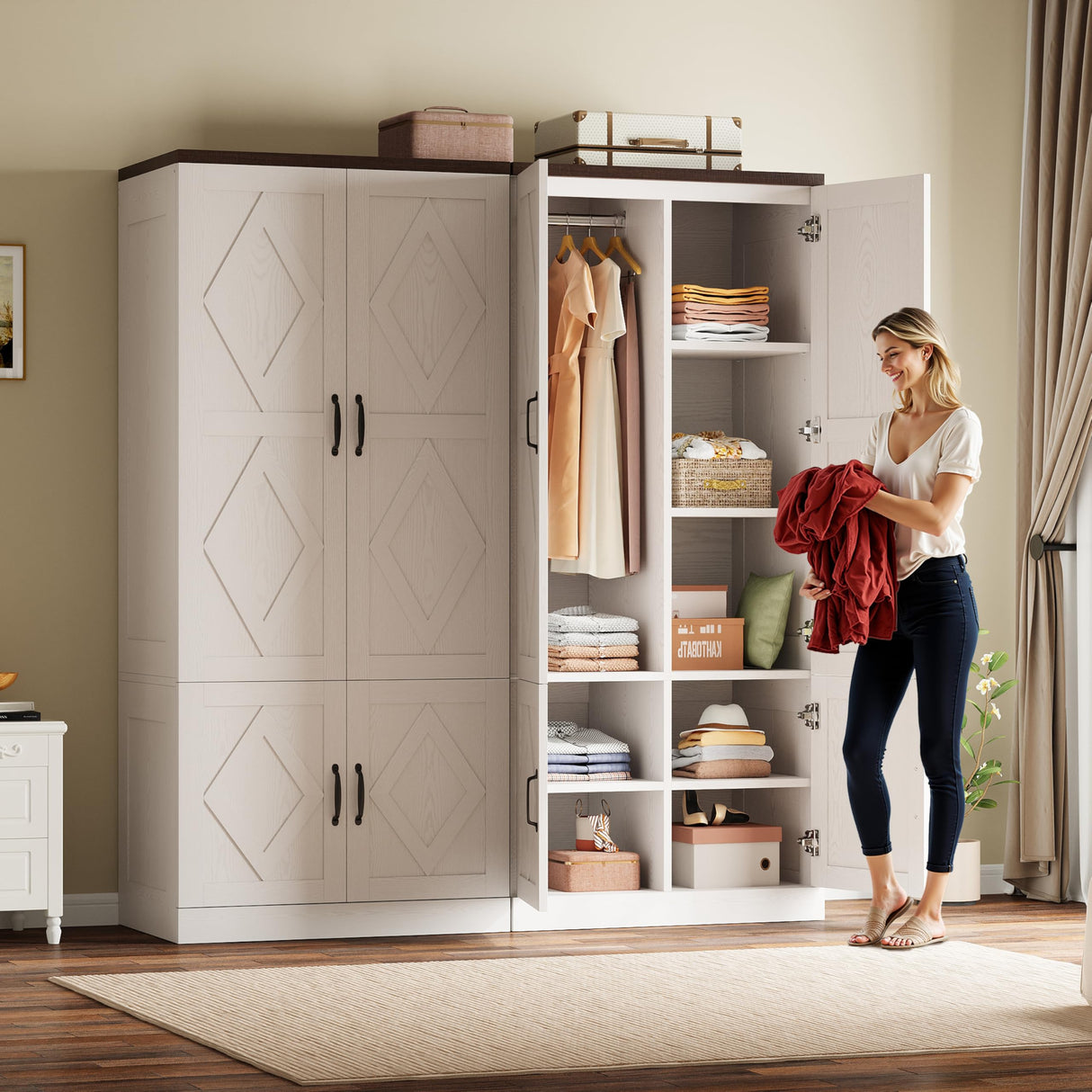 ModernMate Armoire Wardrobe Closet, 72" Tall Wood Cabinets with 4 Doors, Clothing Storage Closet Wardrobe with Adjustable Shelves, Hanging Rod, White Cabinet for Dressing Bedroom Living-Room ModernMate