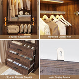 Hlivelood 75" Tall Farmhouse 6 Doors Armoire Wardrobe Closet with 3 Drawers and LED,Freestanding Closet Wardrobe Cabinet for Bedroom with Hanging Rod,Wooden Armoire Storage Cabinet(Brown 6 Doors 1) Hlivelood