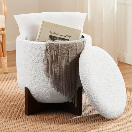 Ornavo Home Decor Round Ottoman with Storage, Boucle White Teddy Round Vanity Chair Stool Ottoman Pouf with Storage for Living Room and Bedroom Ornavo Home