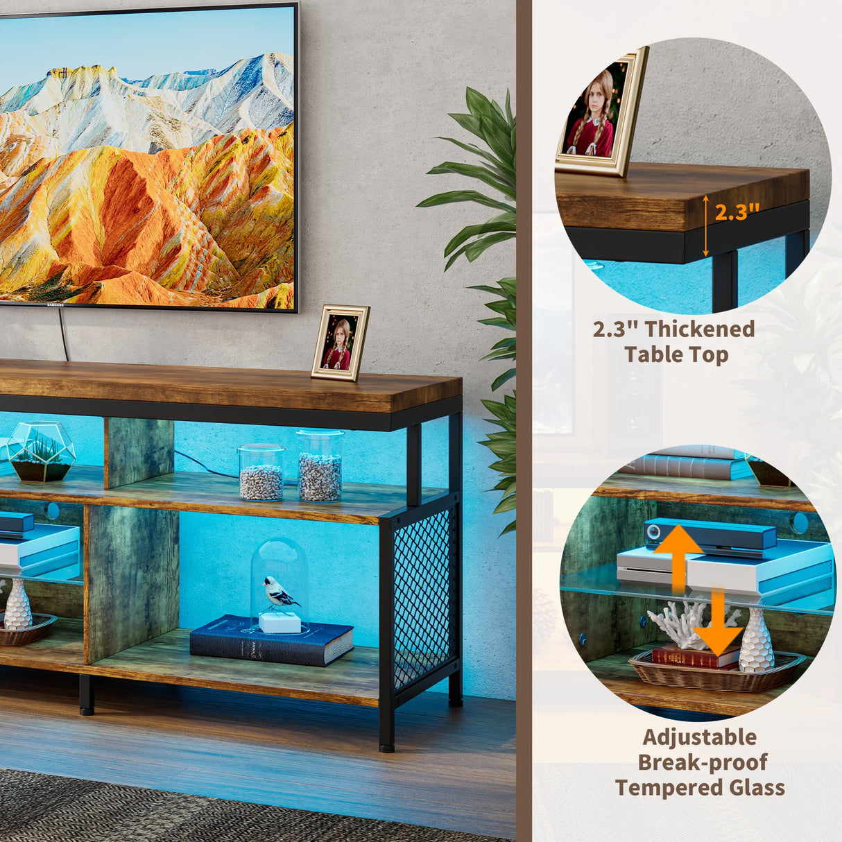 Algglobuy TV Stand for 65 75 Inch TV with LED Lights, Entertainment Center with Open Storage Tempered Glass Shelf & Power Outlets, Industrial TV Console Table for Living Room, Bedroom, Rustic Brown Algglobuy