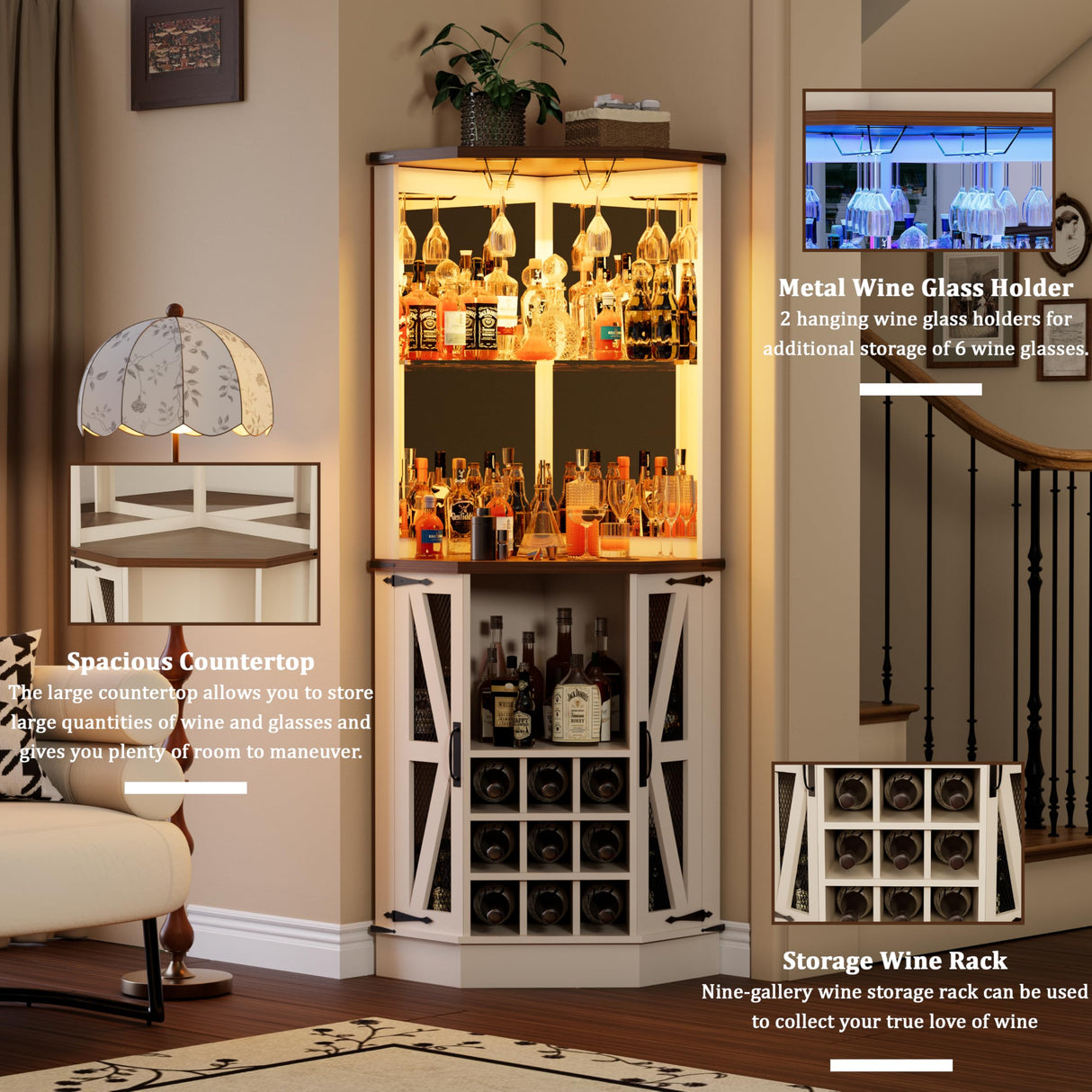 Royal Windsor Farmhouse Corner Bar Cabinet,Modern Wood Freestanding Wine Bar with Storage and Wine Holder, Tall Hutch Cabinet for Home, Display Bar Cabinet with LED Lights and Mirror, White Royal Windsor