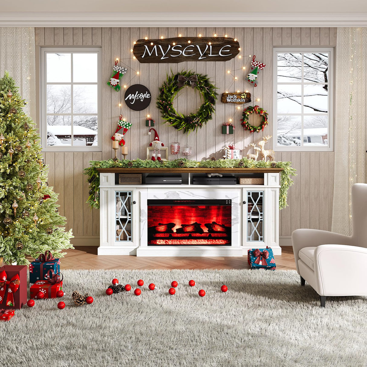 AMERLIFE 70" Farmhouse Heavy Fireplace TV Stand with 33" Electric Fireplace, for 80" TVs up, Media Entertainment Center with Diamond Door, TV Console Storage Cabinet for Living Room, White & Barnwood AMERLIFE