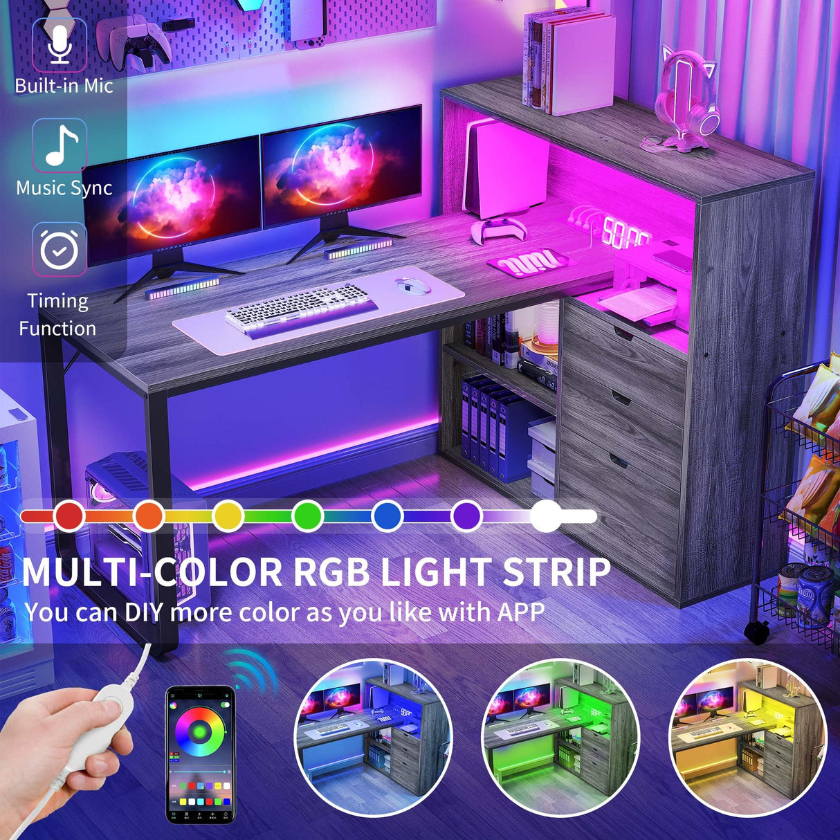 DWVO L Shaped Desk with Drawers & Power Outlets, 55" Computer Desk with Bookshelf, Corner Desk Home Office Desk with Storage Shelves & LED Lights, Grey DWVO