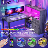 DWVO L Shaped Desk with Drawers & Power Outlets, 55" Computer Desk with Bookshelf, Corner Desk Home Office Desk with Storage Shelves & LED Lights, Grey DWVO