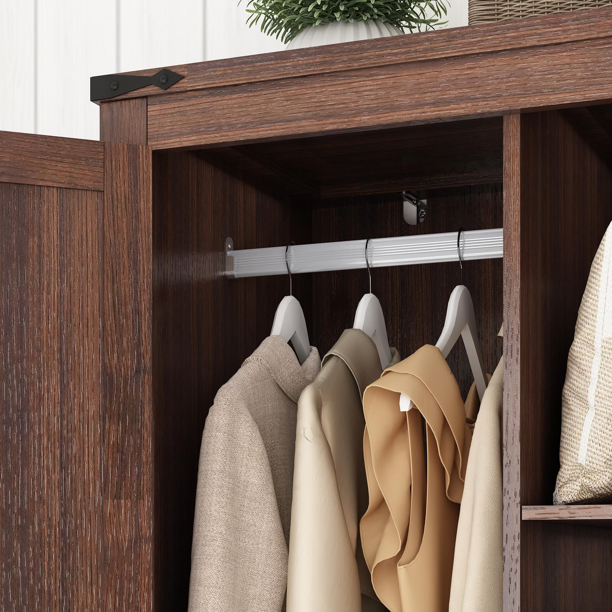 Hlivelood 2 Doors Wardrobe Armoire Closet with Doors and Drawers, Farmhouse Wooden Armoire Storage Cabinet with Shelves & Hanging Rod for Bedroom, Brown Hlivelood