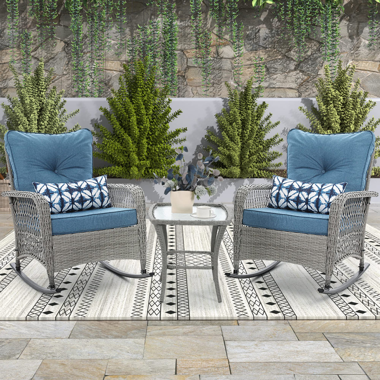 UDPATIO 3 Piece Patio Set Rocking, Rattan Outdoor Rocking Patio Bistro Set with 2 Rockers and 1 Side Table with 4‘’ Thick Cushions for Backyard, Porch, Balcony, Poolside(Blue) UDPATIO
