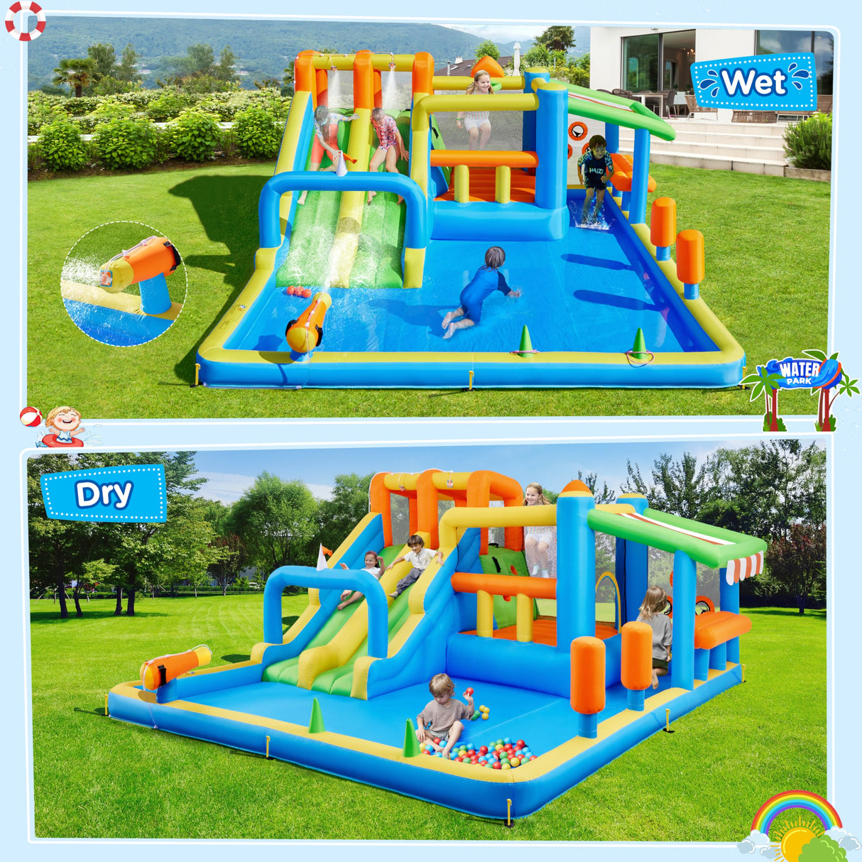 Yaheetech Inflatable Water Slide with Market Stand, Bounce House for Kids Aged 3-8 with 2 Slides for Outdoor Backyard, Splash Pool, Climbing Wall, 750W Air Blower, Ring and Ball Toss Games Yaheetech