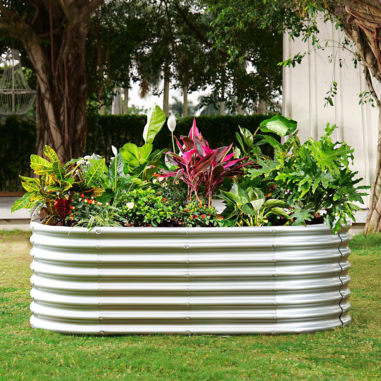 Land Guard 24“ Tall Galvanized Raised Garden Bed Kit, Galvanized Planter Garden Boxes Outdoor, Oval Large Metal Raised Garden Bed for Vegetables (Classic Silver, 4×2×2ft) Land Guard