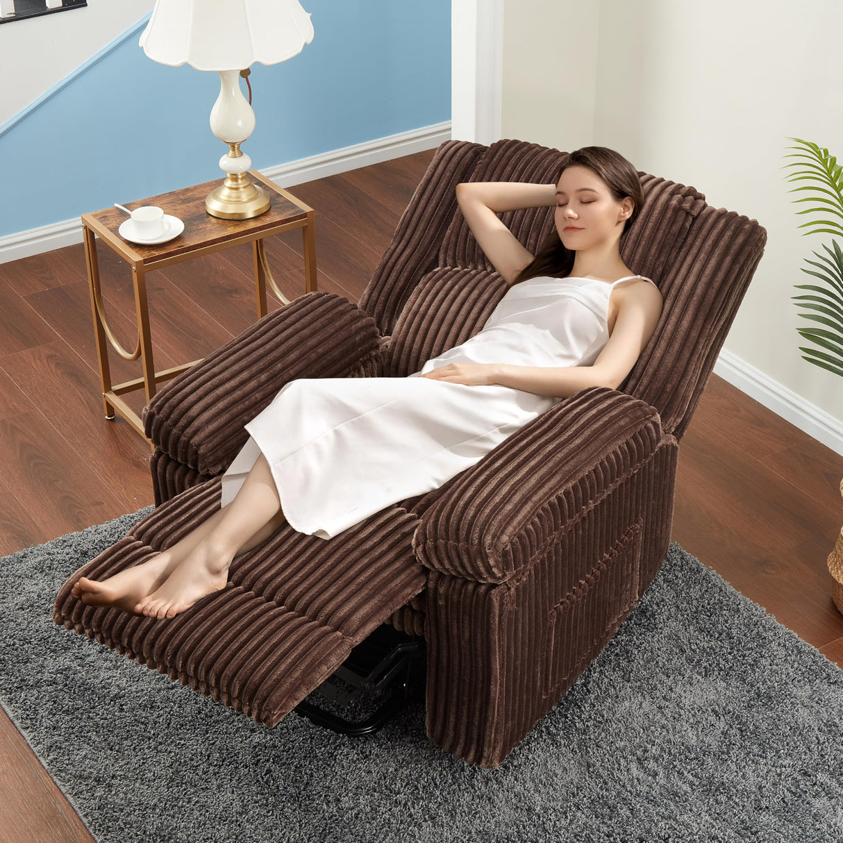 Garvee Corduroy Recliner Chair, Manual Recliner Sofa with Handle, Pillow Top Arms, Thick Padding, Side Pocket, 330Lbs Capacity, Adjustable Recliner for Living Room, Bedroom, Home Theater, Brown Garvee