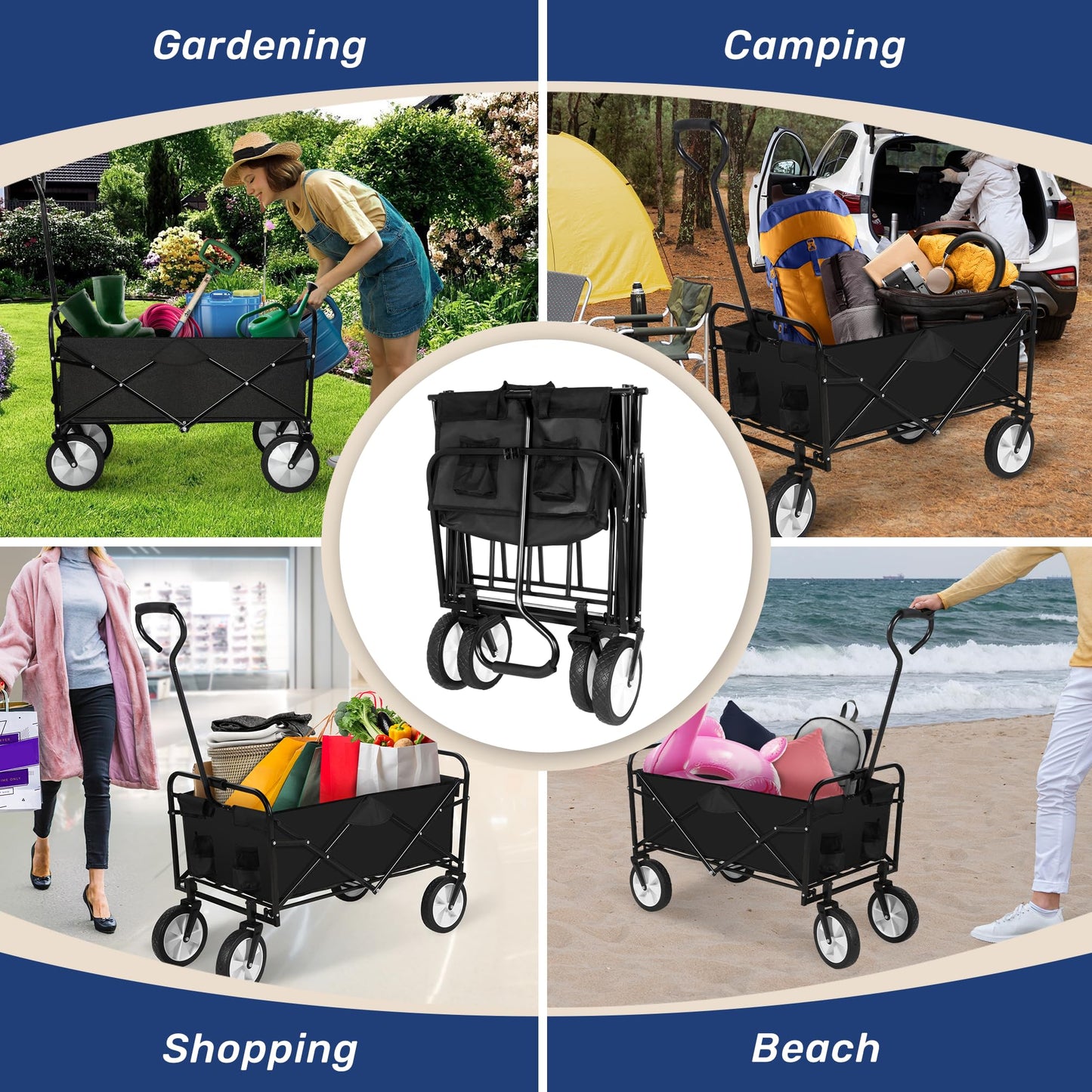 YSSOA Folding Garden Cart PRO, Collapsible Handy Wagon with 360 Degree Swivel Wheels & Adjustable Handle,220lbs Weight Capacity,Black