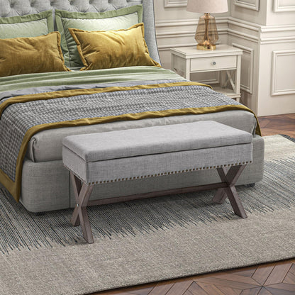 HOMCOM 35.75" Storage Ottoman, Upholstered Storage Bench with Hidden Space, Nailhead Trim and X-Shaped Wood Legs, for Living Room, Entryway, Bedroom, Grey - WoodArtSupply