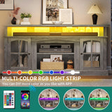 YITAHOME LED Farmhouse TV Stand for 75 Inch w/Outlets, Modern Entertainment Center with Glass Doors and Adjustable Storage Shelves, Media Console TV Cabinet for for Living Room, Grey YITAHOME