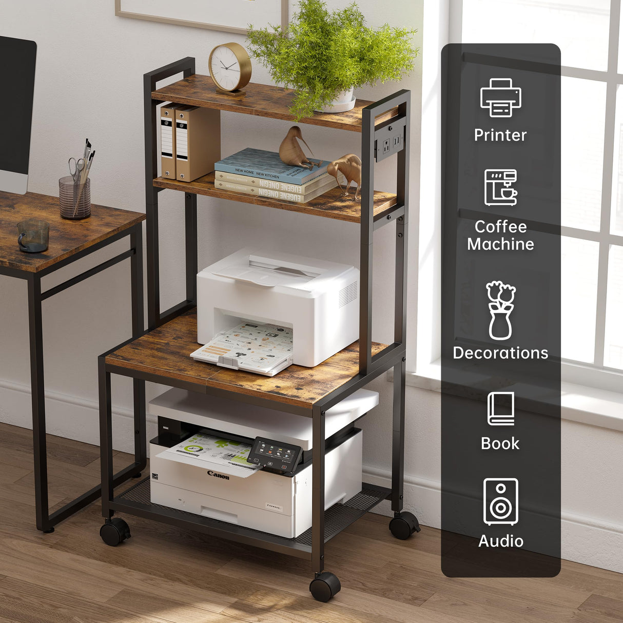 Asgolion Large Printer Stand with Storage, 40" Tall 4 Tier Printer Table with Wheels for Home Office, Printer Cart Beside Desk for Printer, Scanner, Fax, Living Room, Kitchen, Rustic Brown Asgolion