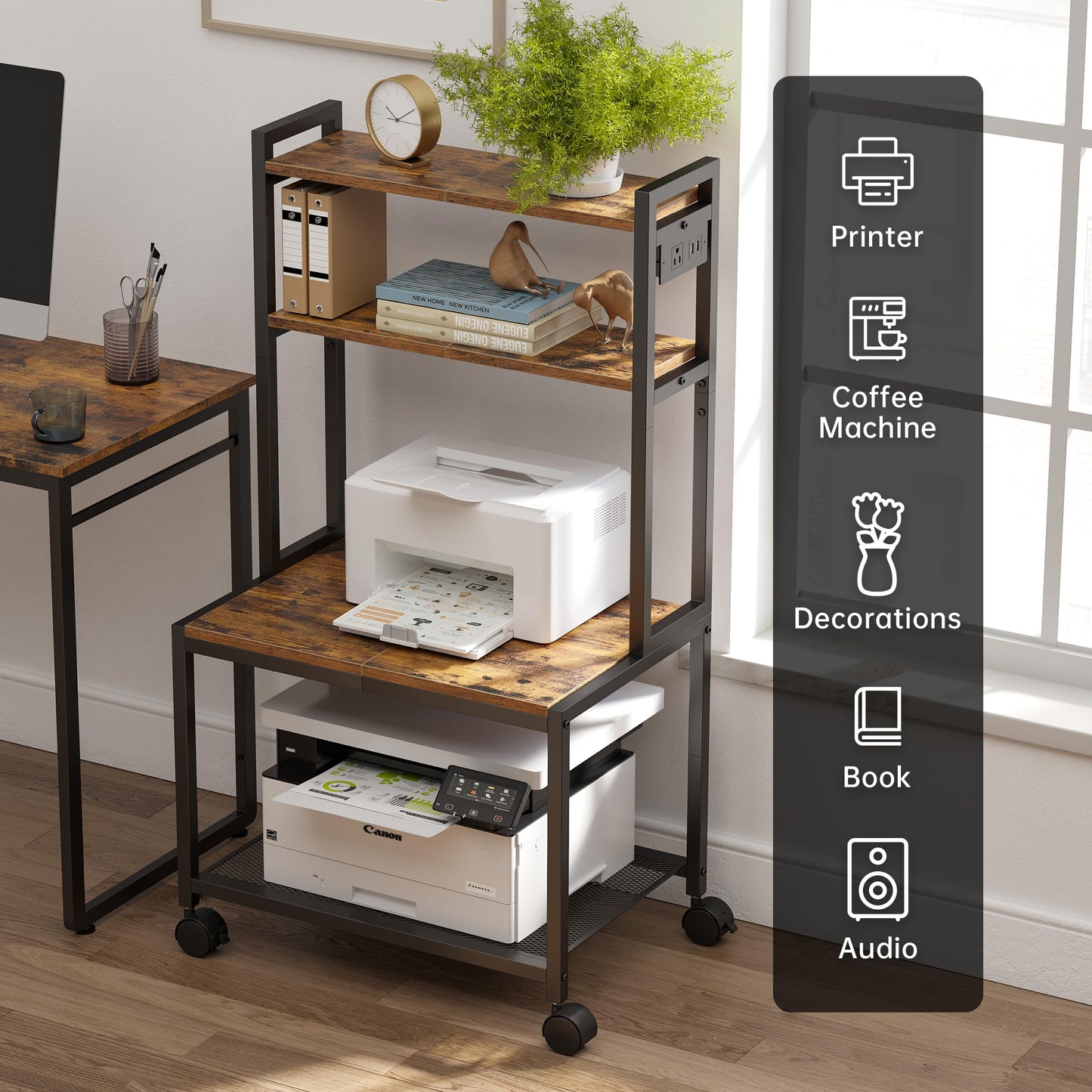 Asgolion Large Printer Stand with Storage, 40" Tall 4 Tier Printer Table with Wheels for Home Office, Printer Cart Beside Desk for Printer, Scanner, Fax, Living Room, Kitchen, Rustic Brown