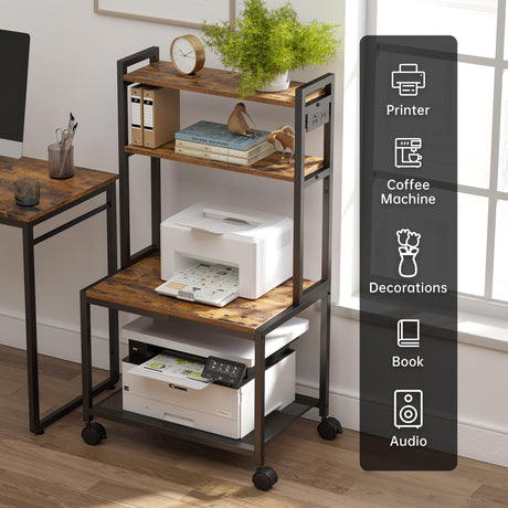 Asgolion Large Printer Stand with Storage, 40" Tall 4 Tier Printer Table with Wheels for Home Office, Printer Cart Beside Desk for Printer, Scanner, Fax, Living Room, Kitchen, Rustic Brown Asgolion