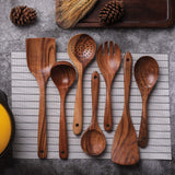 Wooden Non-Stick Kitchen Pan Toolset 7 Pieces Set,100% Natural Teak Kitchen Utensils Spatula, Wooden Cooking Utensils Spoons, Fried Spatula and Salad Fork YYLTJR