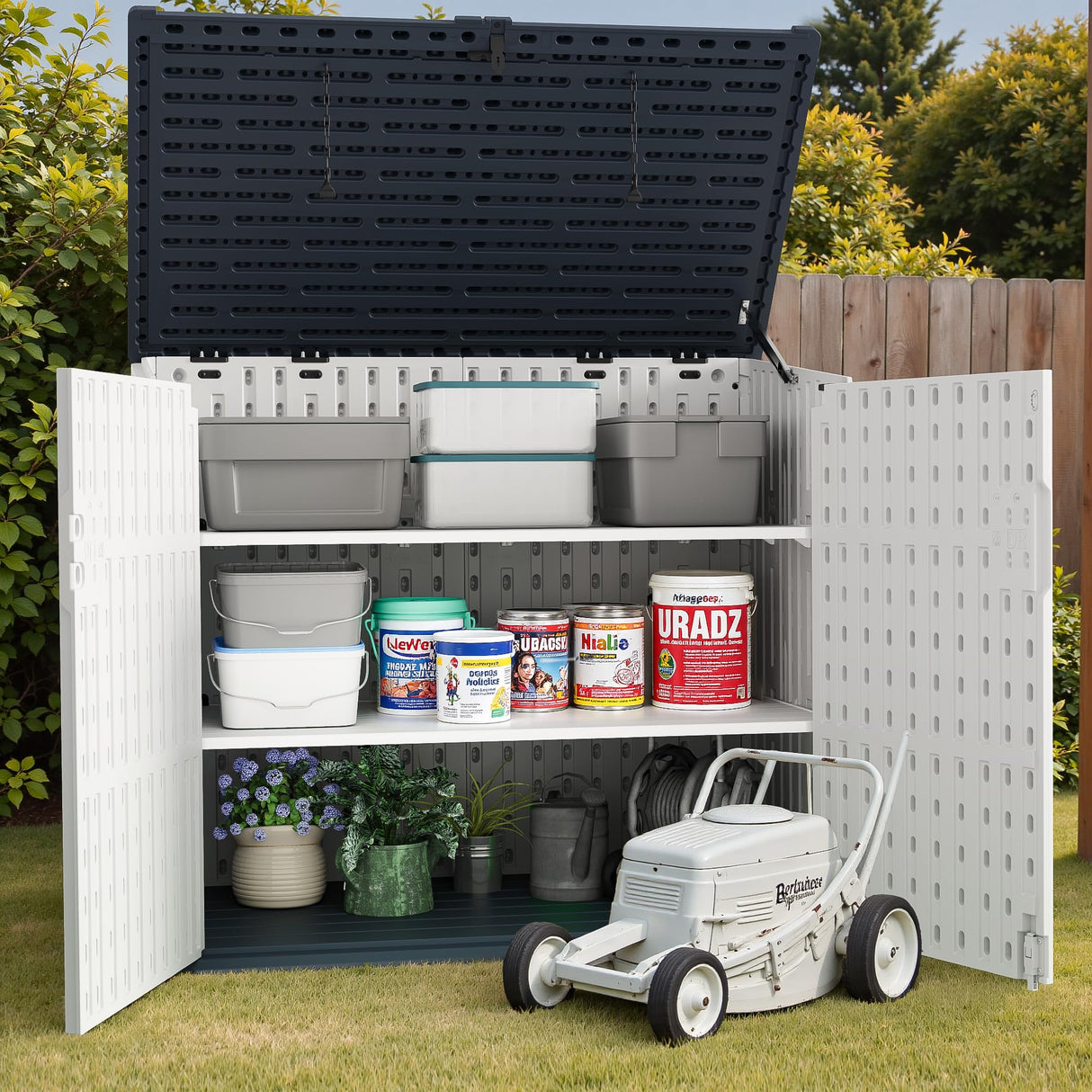 TUOZE 34 Cu Ft Resin Storage Shed with 2 Shelves, Waterproof Outdoor Storage Cabinet with Sloping Roof & Lockable Lid for Garden Tools, Trash Cans (Beige) Tuoze