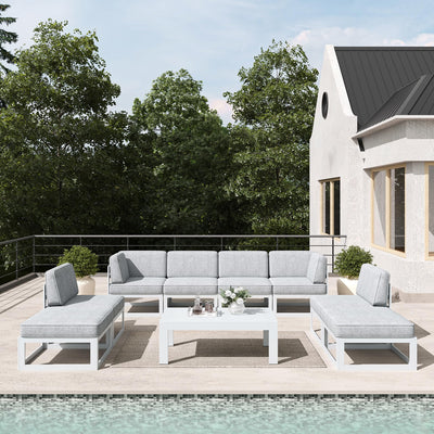 LayinSun 9 Pieces Modern Aluminum Patio Furniture Set with Coffee Table, Outdoor Modular Sectional Conversation Set L-Shaped Sofa for Backyard