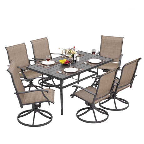 NUU GARDEN 7 Piece Outdoor Dining Set, 6 Swivel Patio Chairs and 1 Dining Table with 1.57 Inch Umbrella Hole, Iron Patio Furniture Set for Lawn Backyard Balcony, Black and Brown NUU GARDEN