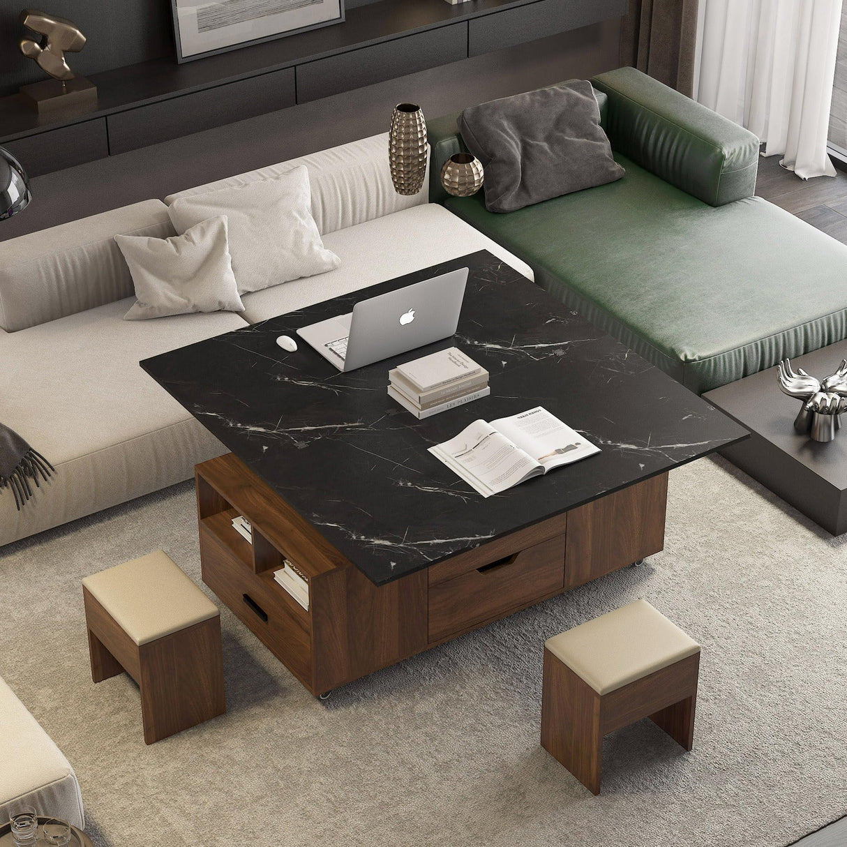 TRJQBCC 45" Lift Top Coffee Table, Modern Coffee Table with 2 Stools Set, Space Saving Center Table Folding Dining Table with 2 Drawers & Expandable Hidden Storage for Living Room, Office (Wood) TRJQBCC