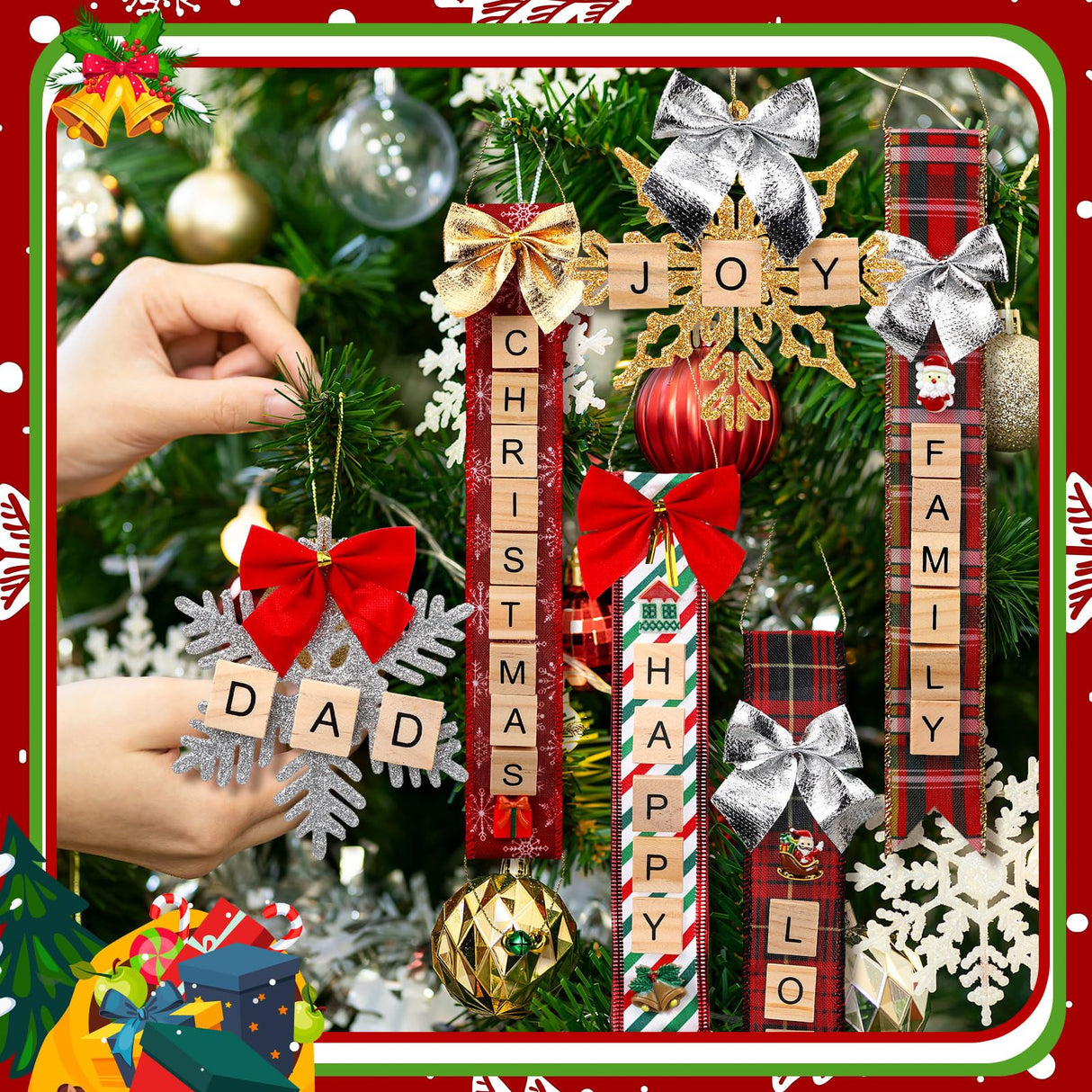 Gerrii 676 Pcs Christmas Ornament Kits DIY Christmas Crafts for Adults Letter Tiles Bell Bow Ribbon Snowflake Tree Decor for Kids Gifts Room Holiday Xmas Decorations Supplies Gerrii