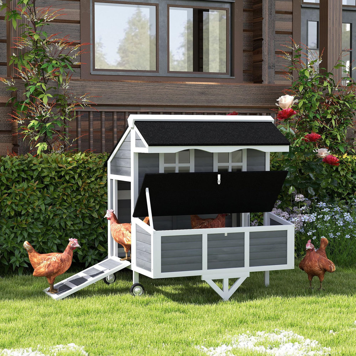 PawHut 43" Chicken Coop with Wheels, Mobile Chicken House with Nesting Box, Windows, Pull-Out Tray, Perches, Wooden Chicken Tractor for 2-4 Hens, Rabbits, for Backyard, Patio, Gray PawHut