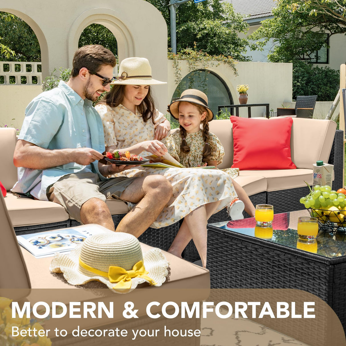 Devoko 7 Pieces Outdoor Sectional Sofa Patio Furniture Sets Manual Weaving Wicker Rattan Patio Conversation Sets with Cushion and Glass Table (Beige) Devoko