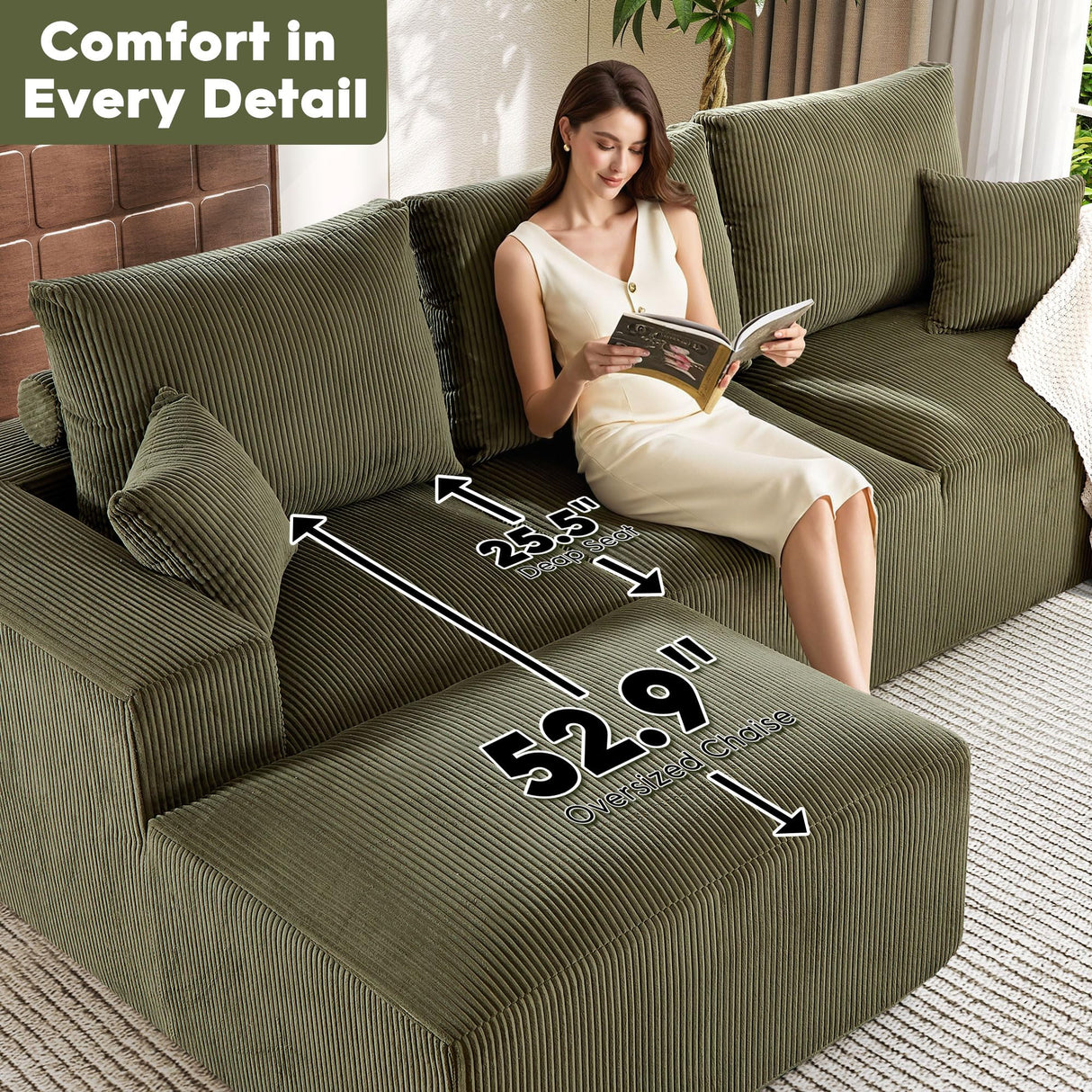 WESTSETLUX 108” Cloud Sectional Sofa Couch with High-Seat, Corduroy Modular Sofa with Oversized Chaise, High-Back Modern L-Shaped Couches for Living Room, No Assembly Required (Green) WESTSETLUX