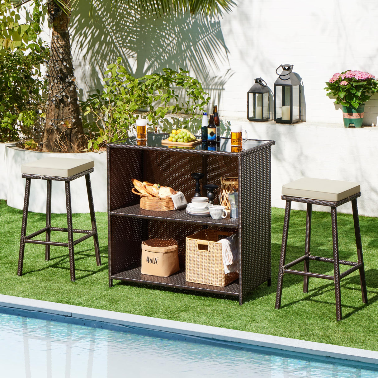 Yaheetech 3pcs Outdoor Bar Set, Patio Wicker Bar Furniture with 2 Storage Shelves, Glass Top Table, Cushions and Two Stools, Brown/Khaki Yaheetech