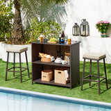 Yaheetech 3pcs Outdoor Bar Set, Patio Wicker Bar Furniture with 2 Storage Shelves, Glass Top Table, Cushions and Two Stools, Brown/Khaki Yaheetech