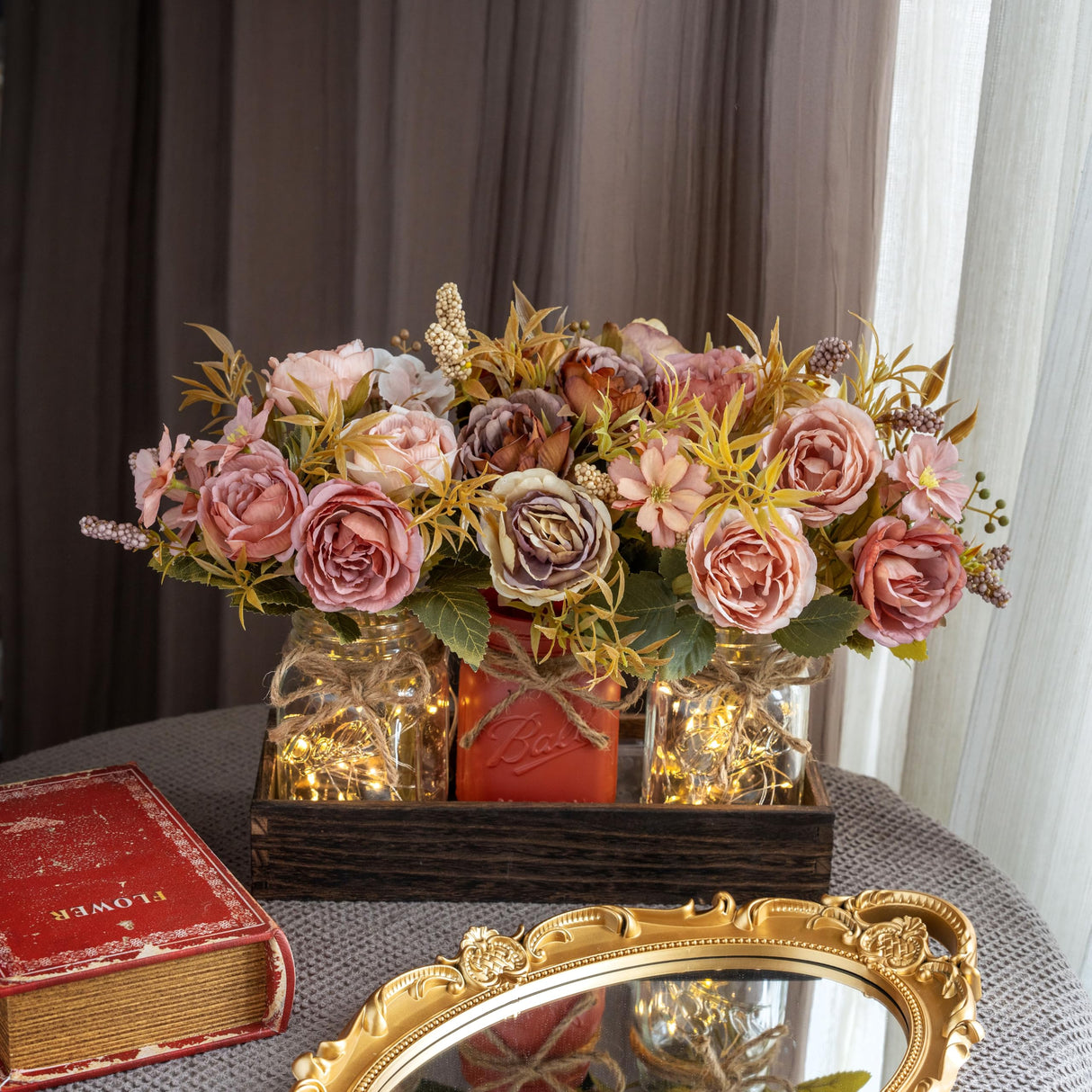 LUEUR Fall Mason Jar Centerpiece for Table with Artificial Flowers, Set of 3 Pink & Brown Faux Rose Floral Farmhouse Painted Decorative Jars for Thanksgiving Autumn Kitchen Home Decor, Dinner Table LUEUR