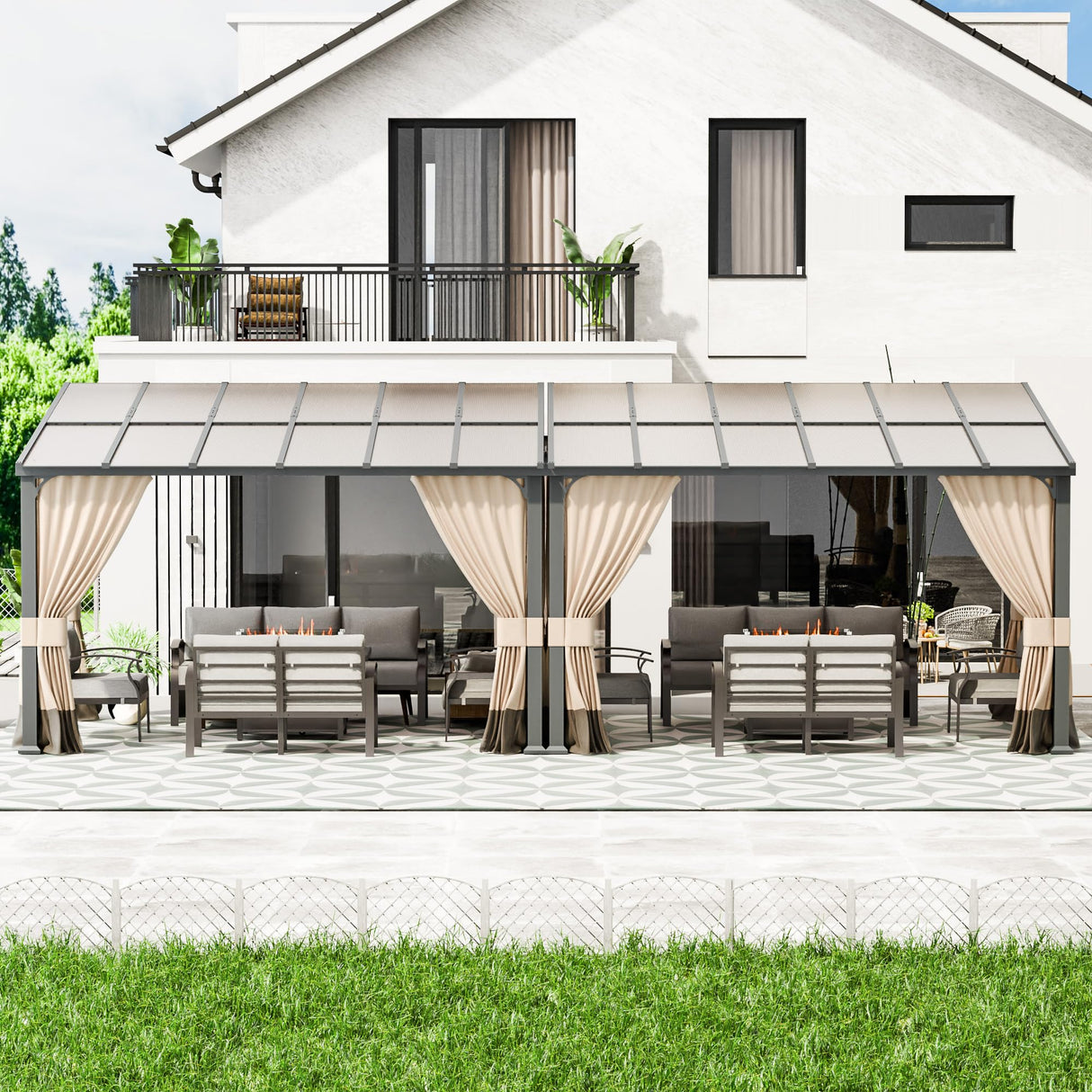 RTDTD 10' x 24' Gazebo，Hard Top Lean to Gazebo Wall Mount Heavy Hardtop Gazebo Outdoor Pergola with Curtains and Netting for Patio Garden Lawn Backyard Deck (Brown) RTDTD