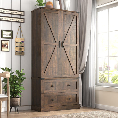 Hlivelood Farmhouse Kitchen Pantry Cabinet, 71" Tall Storage Cabinet with 2 Barn Doors & 2 Drawers, Large Farmhouse Kitchen Cupboard with Adjustable Shelves, Dining Room, Living Room, Rustic Brown Hlivelood