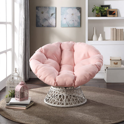 OSP Home Furnishings Wicker Papasan Chair with 360-Degree Swivel, Cream Frame with Pink Cushion