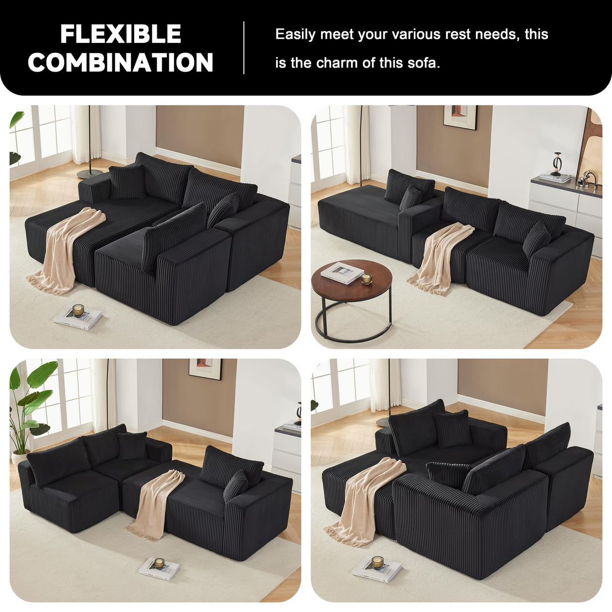 97" Boneless Couches for Living Room, Cloud Couch Sectional with Deep Seat, Comfy Couch with L-Shaped Chaise, Minimalist Upholstered Modular Sectional Sofa, No Assembly Required (Corduroy,Black) Huatean Home