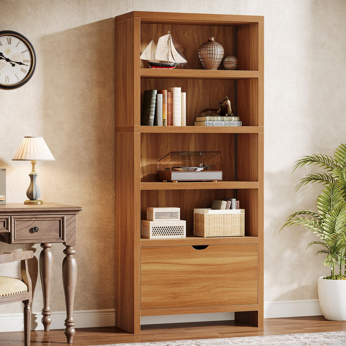 Tribesigns 70.9" Tall Bookshelf with File Drawer, Farmhouse 5-Tier Bookcase with LED Lights, Wooden Open Display Shelf Organizer for Living Room & Bedroom & Home Office (Walnut) Tribesigns